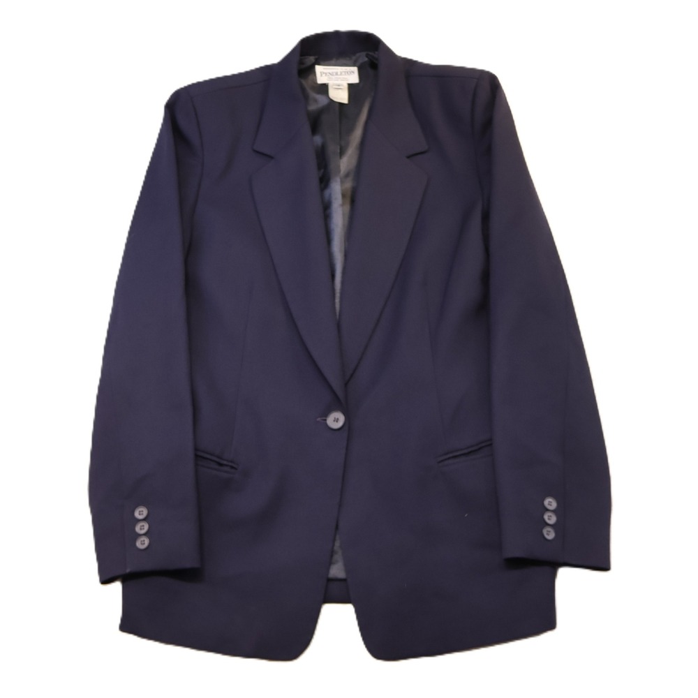 Pendleton Women Size 12 Navy Blue 100% Virgin Wool Blazer Jacket Coat Vintage